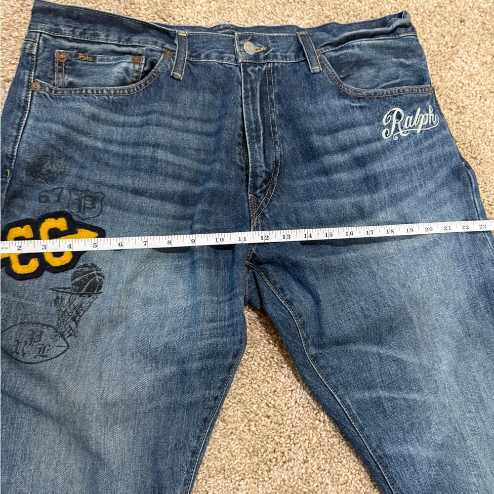 Polo Ralph Lauren Varick Jeans 36x32 CC Varsity Patch Embroidered Slim Straight